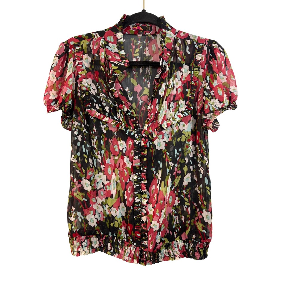 Vintage Forever 21 Black Sheer Floral Top Med Fairycore Whimsygoth Twee Y2K Boho